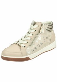 Beige vysoké tenisky s stříbrným vzorem srdce, hladká kůže a strukturované prvky, bílé šňůrky a detail bočního zipu. Gumová podrážka.