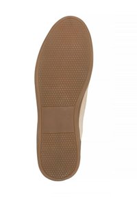 Sole di scarpa in gomma marrone con superficie textured caratterizzata da piccoli motivi circolari e una sezione piatta per la presa. Bordo liscio e leggero raccordo.