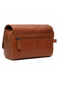 Sac en cuir marron de forme rectangulaire, avec un compartiment zippé et une poignée. Texture lisse, design minimaliste sans embellissements.