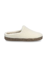 Witte fleece slippers met een afgeronde neus en zichtbare naden, voorzien van een gestructureerde bruine zool. Zachte binnenvoering voor extra comfort.