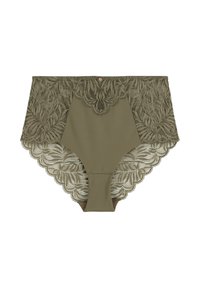 Culotte taille haute olive avec un revêtement en dentelle florale et des bords festonnés. Présente un petit accent décoratif à la taille.
