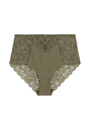 Culotte taille haute olive avec un revêtement en dentelle florale et des bords festonnés. Présente un petit accent décoratif à la taille.