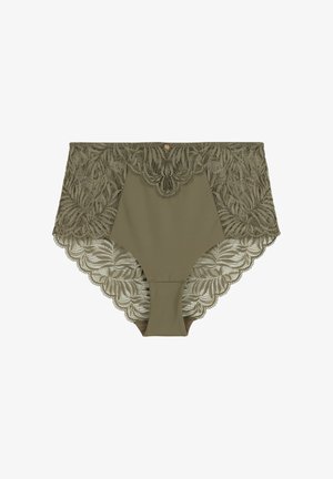 Culotte taille haute olive avec un revêtement en dentelle florale et des bords festonnés. Présente un petit accent décoratif à la taille.