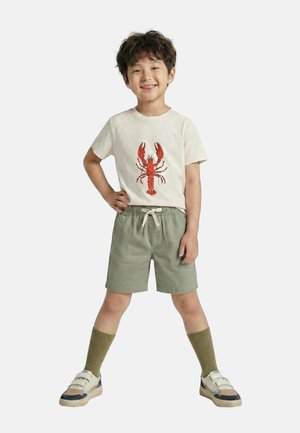Jeune garçon souriant aux cheveux bouclés, portant un t-shirt blanc avec un imprimé homard rouge, un short vert, des chaussettes olive et des baskets.