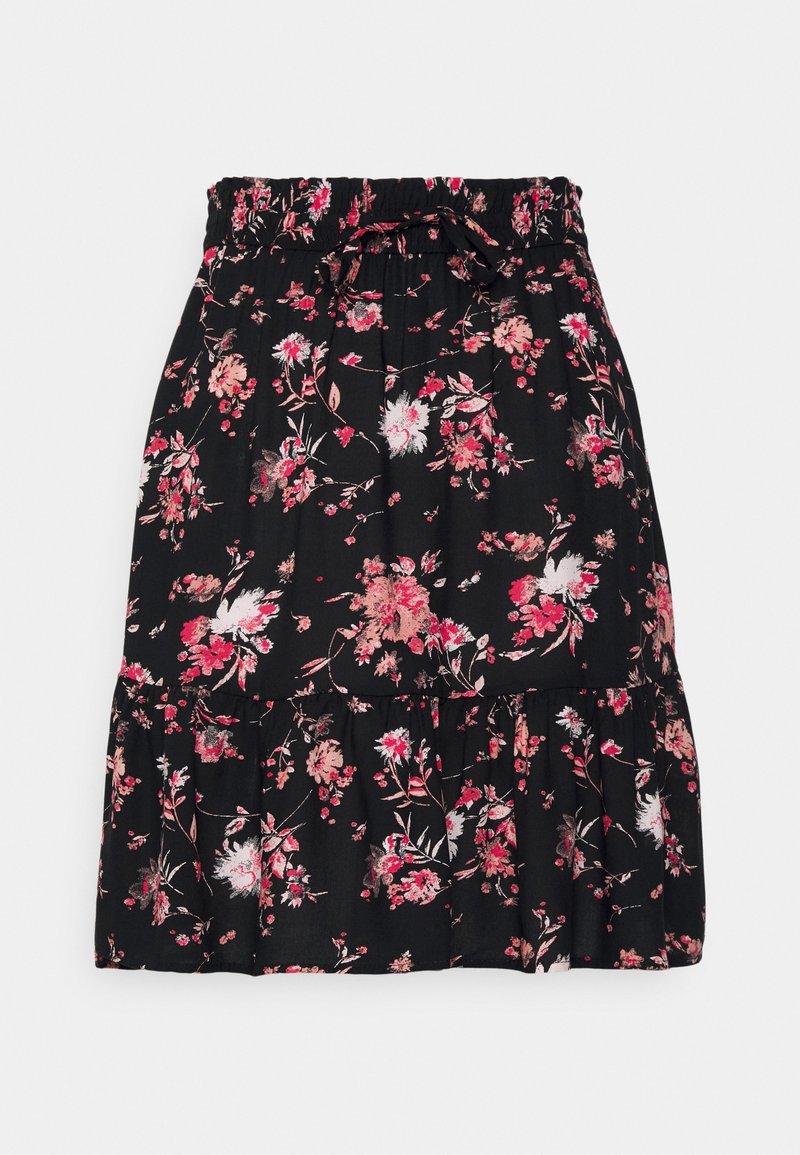 Jupe noire avec motif floral rose et blanc, taille élastique froncée avec lien et ourlet à volants étagés.