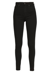 Vaqueros skinny de denim negro con cintura alta, que presentan un cierre de cremallera, botón, cinco bolsillos y una textura suave y elástica.