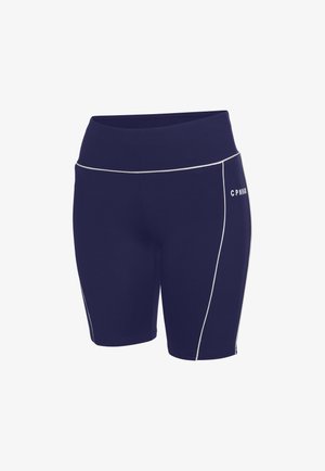Marineblauwe sportshorts met een brede tailleband, voorzien van witte biezen langs de zijkanten en een logo aan de onderkant van de voorkant. Gladde, rekbare stof.