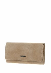 Portefeuille en cuir beige avec surface texturée, design plié et logo noir, doté d'une fermeture à pression unique.