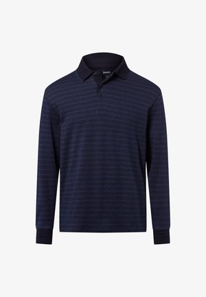 Long-sleeve polo shirt in dark navy with subtle light blue stripes, featuring a classic collar and button placket for closure.