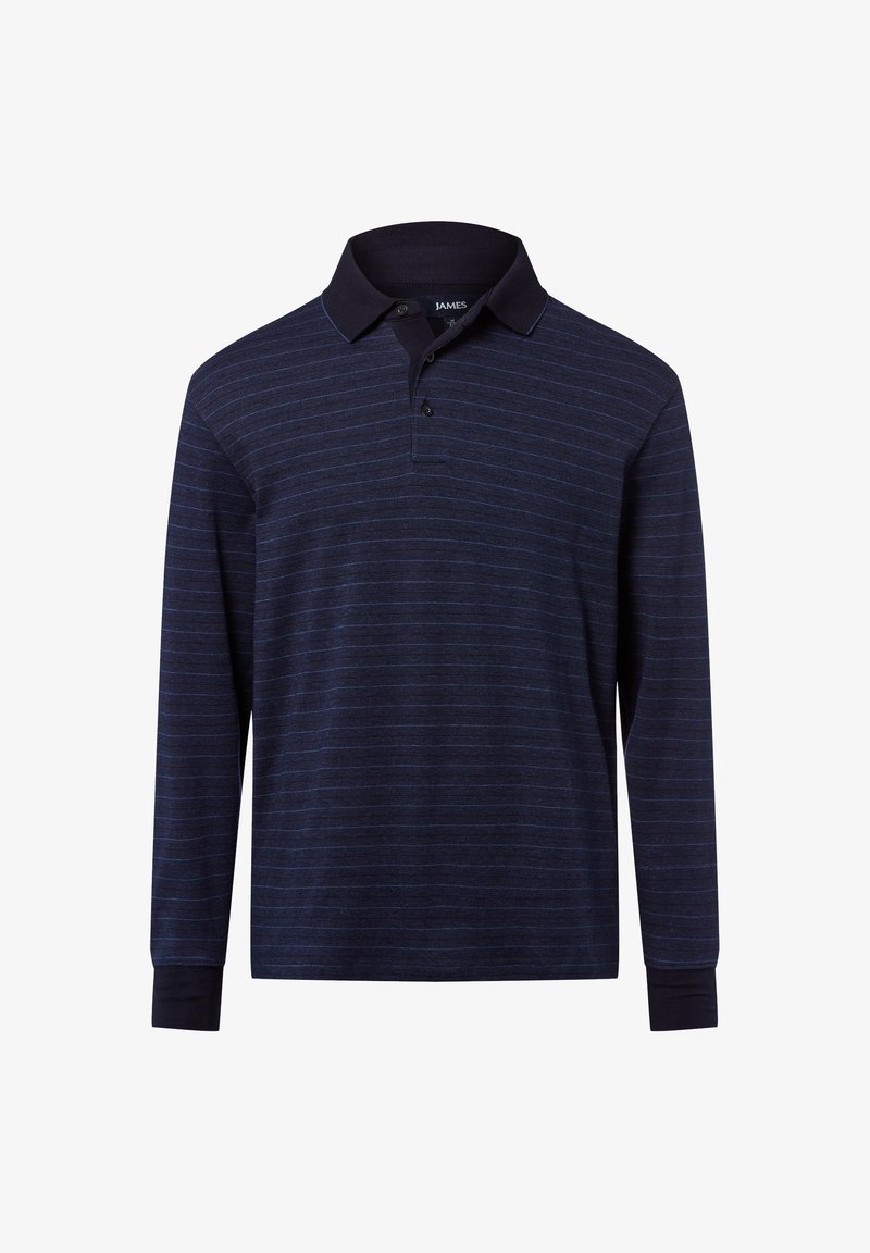 Langärmliges Poloshirt in Dunkelmarine mit dezenten hellblauen Streifen, ausgestattet mit einem klassischen Kragen und einer Knopfleiste zum Schließen.