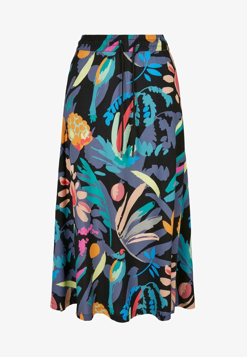 Floral midi skirt with a black background, featuring vibrant tropical patterns in blue, orange, pink, and green. Elastic waistband with drawstring.