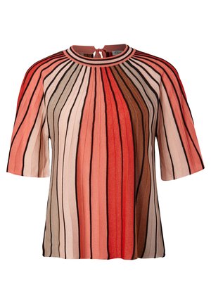 Krótki sweter z krótkim rękawem z pionowymi paskami w odcieniach różu, czerwieni, brązu i beżu, z okrągłym dekoltem i zapięciem na kokardę z tyłu.