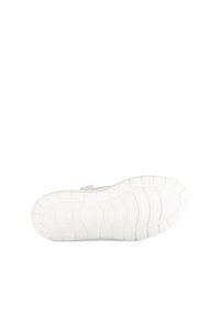Weiße Sneaker-Sohle mit strukturierten Mustern für besseren Halt, in runder Form und aus flexiblem Material. Mit eingraviertem Markennamen an der Seite.