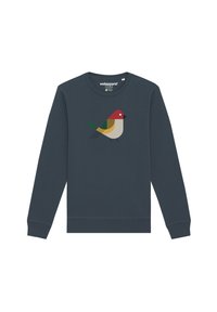 Marineblauwe sweatshirt met lange mouwen, voorzien van een kleurrijk, geometrisch vogelontwerp in rood, groen, geel en beige op de voorkant.