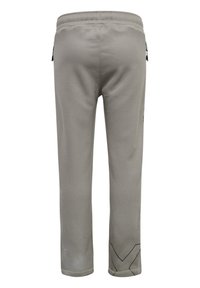 Graue Sweatpants mit glatter Textur, ausgestattet mit einem bequemen Bund, Seitentaschen und einem minimalistischen Design mit einem schrägen Muster.