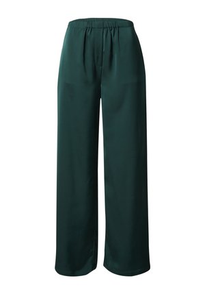 Weite Hosen aus dunkelgrünem Satin mit elastischem Bund, glatter Textur und ohne auffällige Muster oder Akzente.