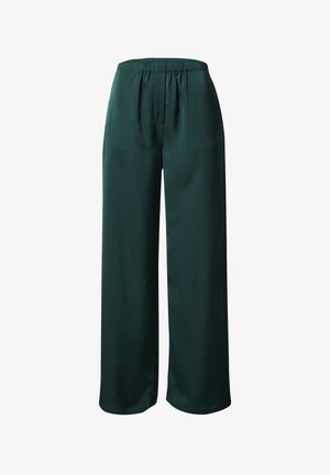 Weite Hosen aus dunkelgrünem Satin mit elastischem Bund, glatter Textur und ohne auffällige Muster oder Akzente.