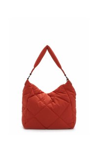 Quilted red nylon handbag with a crescent shape, padded texture, and a soft strap featuring metal hardware accents.