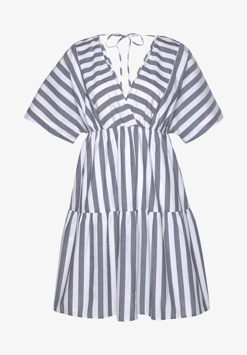 Robe rayée en gris et blanc, avec un profond décolleté en V, des manches évasées, une taille haute et un ourlet à volants. Réalisée en tissu léger.