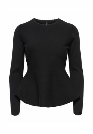 Černý top s dlouhým rukávem a peplum siluetou, vyrobený z texturované látky. Má kulatý výstřih a přiléhavý živůtek.