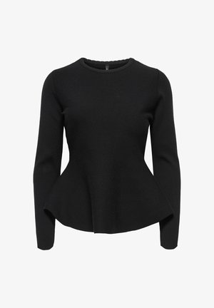 Černý top s dlouhým rukávem a peplum siluetou, vyrobený z texturované látky. Má kulatý výstřih a přiléhavý živůtek.