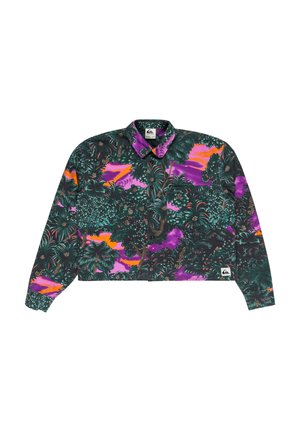 Korte button-up shirt met een levendige tropische print in groen, paars en oranje, gemaakt van lichtgewicht stof.