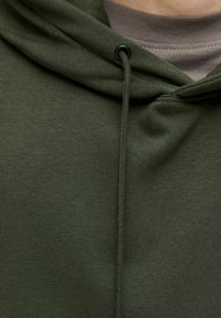 Olive green hoodie made of soft cotton blend, featuring a drawstring hood, ribbed details, and a smooth texture.