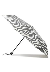 Ombrello a righe zebrate bianco e nero con manico curvo. Il tessuto è liscio e la struttura presenta un resistente telaio metallico nero.