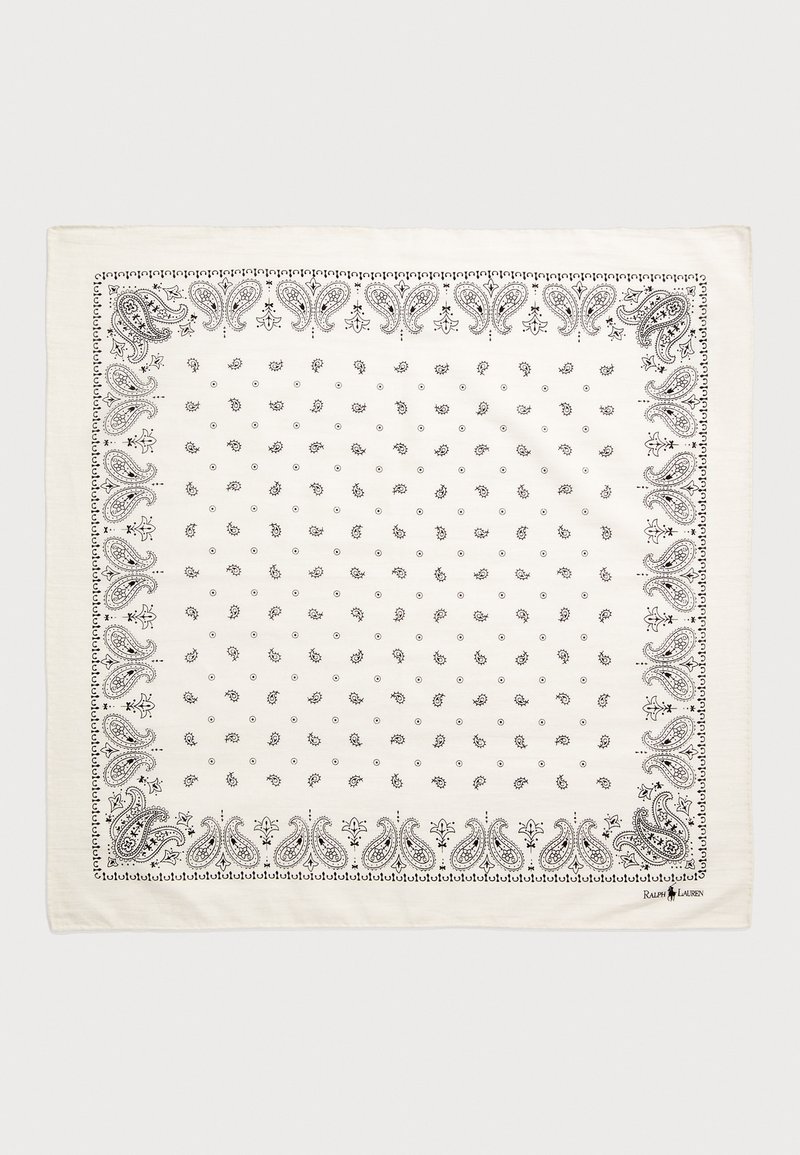 Τετράγωνος βαμβακερός μαντήλι σε κρεμ απόχρωση με μαύρα σχέδια paisley και λουλούδια, περιμετρικά διακοσμημένο με λεπτομέρειες. Διαθέτει το λογότυπο της μάρκας στη γωνία.