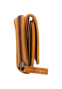 Brown zip-around wallet with a textured surface, featuring a contrasting maroon zipper, folded design, and a small leather pull tab.