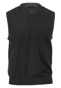Maglione senza maniche di colore grigio carbone con scollatura a V, texture a maglia e sottile dettaglio rigato sul colletto. Realizzato in cotone.