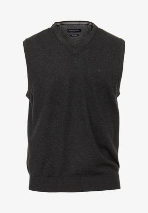 Charcoal gray sleeveless sweater with a V-neck, knit texture, and subtle striped accent at the neckline. Made from cotton.