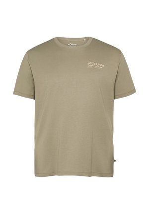 Olivgrünes T-Shirt mit kurzen Ärmeln, Rundhalsausschnitt und kleinem Schriftzug „Let's Unite“ auf der linken oberen Brustseite.