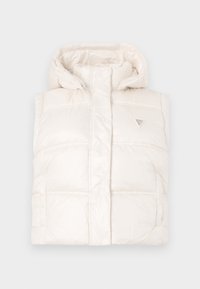 Hvit puffervest med hette, med kviltet design og to frontlommer. Inkluderer en liten trekantet logo på brystet.