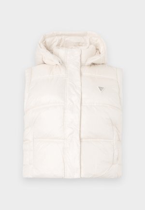 Doudoune blanche sans manches avec capuche, dotée d'un design matelassé et de deux poches avant. Comprend un petit logo triangulaire sur la poitrine.