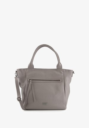 Graue Leder-Tote-Tasche mit doppelt genähten Griffen und einem verstellbaren Schultergurt. Verfügt über eine vordere Reißverschlusstasche und eine strukturierte Oberfläche.