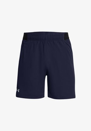 Navy blue athletic shorts with elastic waistband, side pockets, and reflective Under Armour logo on the left leg.