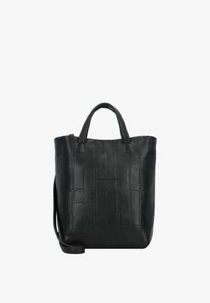 Schwarze Leder-Tote Bag mit strukturiertem Design, verziert mit geprägten Mustern, doppelten Tragegriffen und einem verstellbaren Schultergurt.