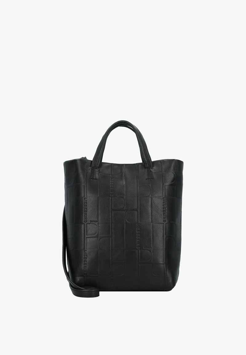 Czarna skórzana torba tote o strukturalnym designie, z tłoczonymi wzorami, podwójnymi uchwytami u góry i regulowanym paskiem na ramię.