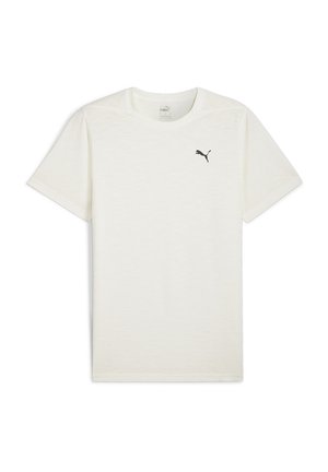 Hvid kortærmet t-shirt med en subtil tekstur og et lille sort Puma-logo på venstre brystområde. Rund hals, blød stof.