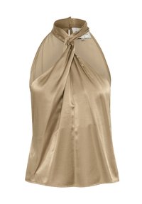 Satin halter top in beige with a twisted knot detail at the front, featuring a smooth texture and a keyhole back design.