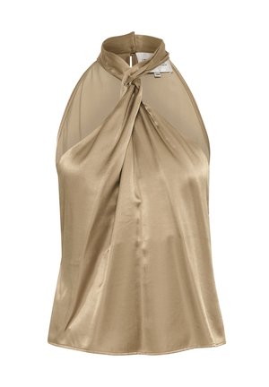 Beige satiinihalterneck, jossa on kierretty solki edessä, sileä rakenne ja avainaukko selkädesign.