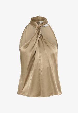 Šviesiai rudos spalvos satino halterio viršus su sukimšimu priekyje, pasižymintis lygiu paviršiumi ir raktų skylutės nugaros dizainu.