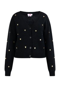 Cardigan nero con scollatura a V, motivi di cuori dorati, bottoni frontali e polsini e orlo a costine, realizzato in tessuto morbido e testurizzato.