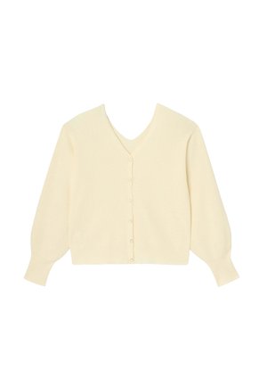 Cardigan à manches longues couleur crème avec encolure en V et fermeture boutonnée à l'avant, doté de manches légèrement bouffantes et de poignets côtelés.