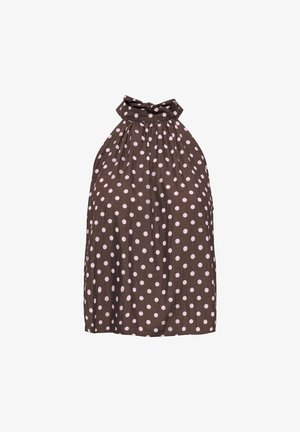Vestito marrone senza maniche con pois rosa chiaro e un fiocco annodato all’alto collo.