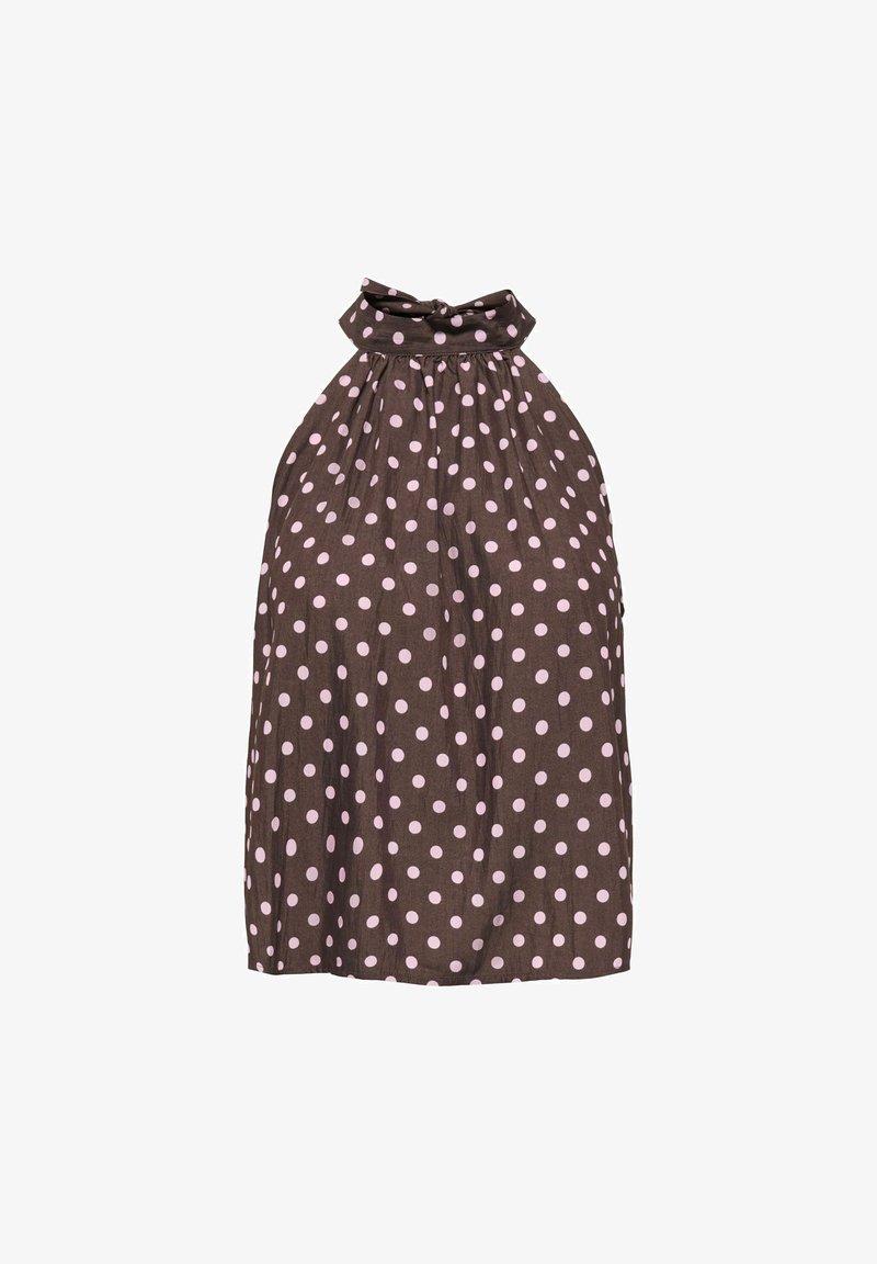 Robe marron sans manches à pois rose clair avec un nœud noué au col montant.