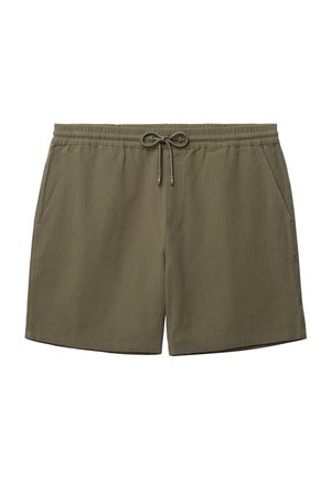 Shorts décontractés vert olive avec taille élastique et cordon de serrage, dotés de poches latérales et d'un ourlet droit.