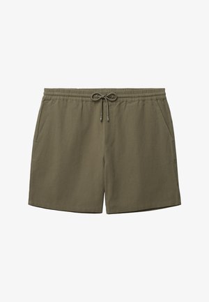 Oliivinvihreät rentoist shortsit, joissa joustava vyötärönauha ja kiristysnyöri, sivutaskut ja suora helma.