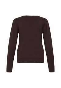 Pull marron foncé à manches longues avec un col rond et des poignets et un bas côtelés, vu de dos sur fond blanc.